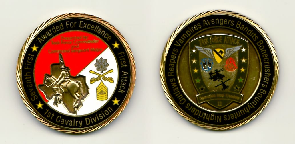 Round shaped, gold colored coin 2 inches in diameter.