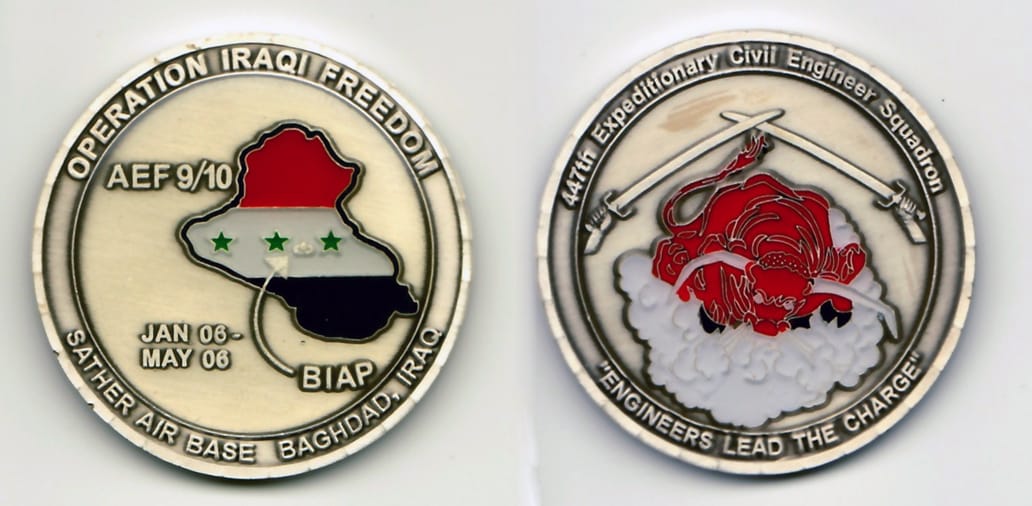 Round shaped, light gold colored coin 2 inches in diameter.