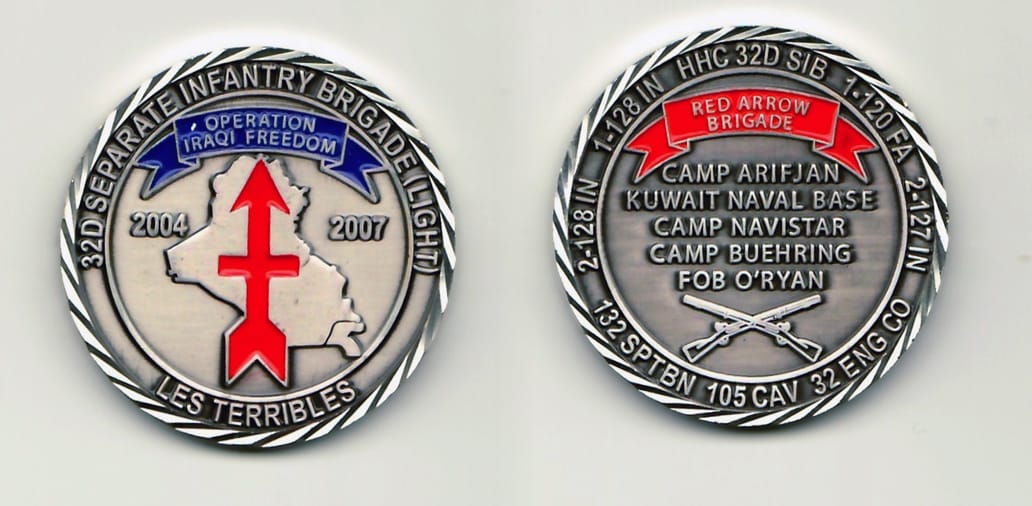 Round shaped, pewter colored coin 1-1/2 inches in diameter.