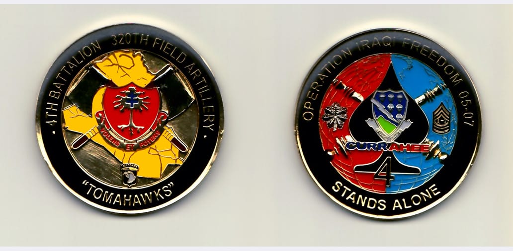 Round shaped, gold colored coin 2 inches in diameter.