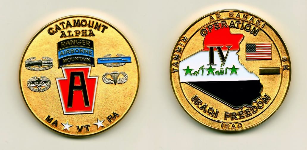 Round shaped, gold colored coin 2 inches in diameter.