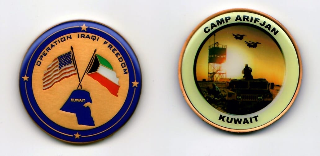 Round shaped, gold edged, enameled coin 1-3/4 inches in diameter.