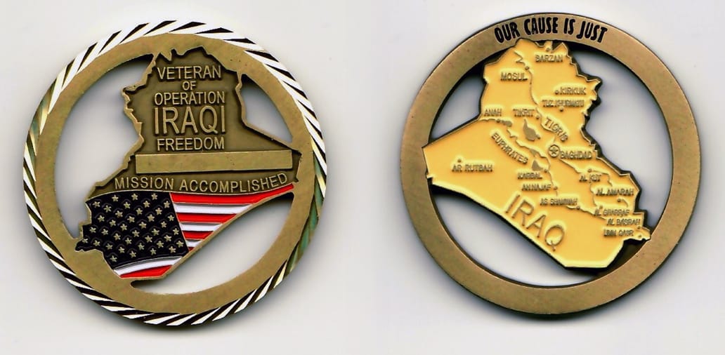 Round shaped, cutout coin with brass color edge, 1-13/16 inches in diameter.