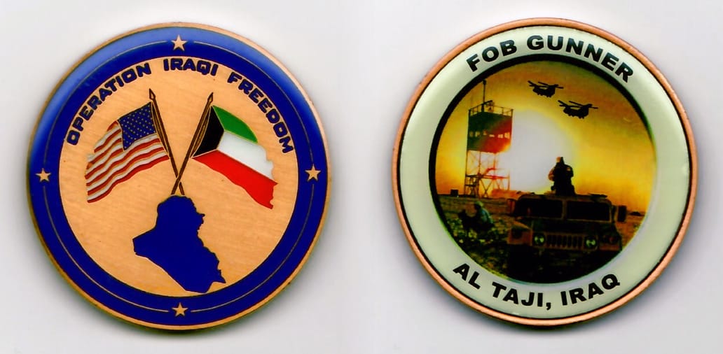 Round shaped, gold edged, enameled coin 1¾ inches in diameter.