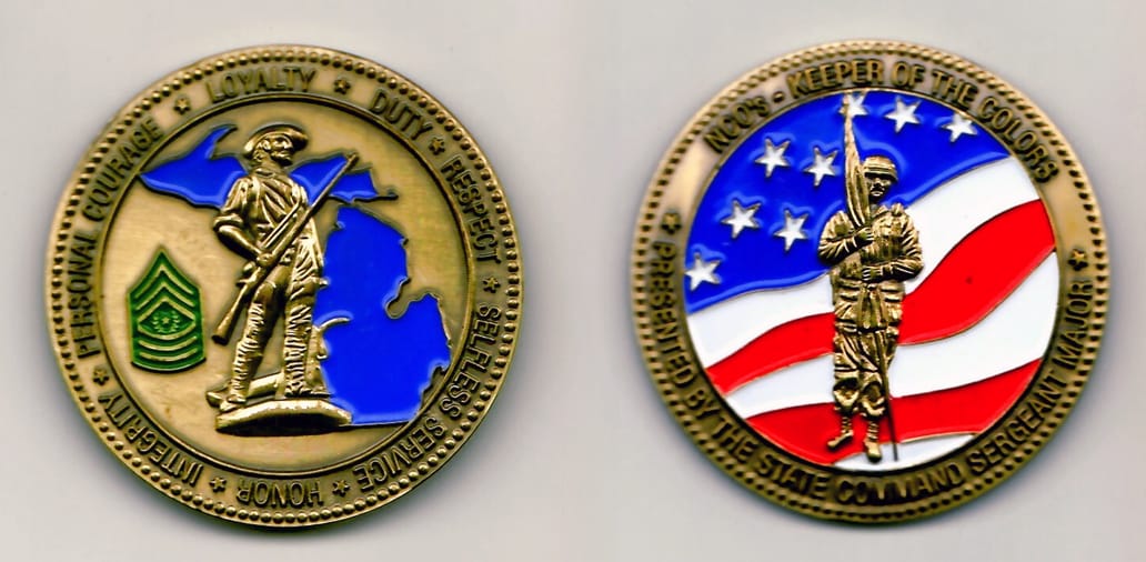 Round shaped, brass coin 2 inches in diameter.