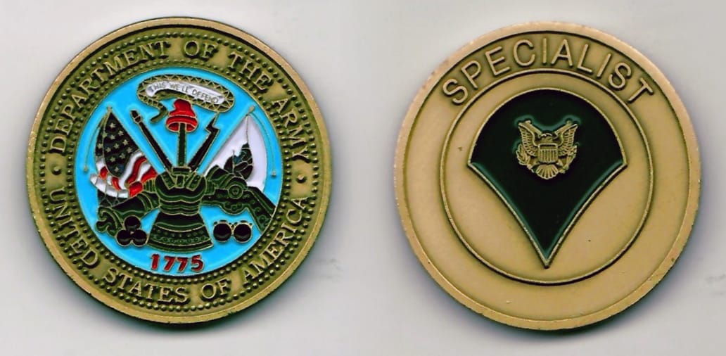 Round shaped, brass colored coin 1-9/16 inches in diameter.