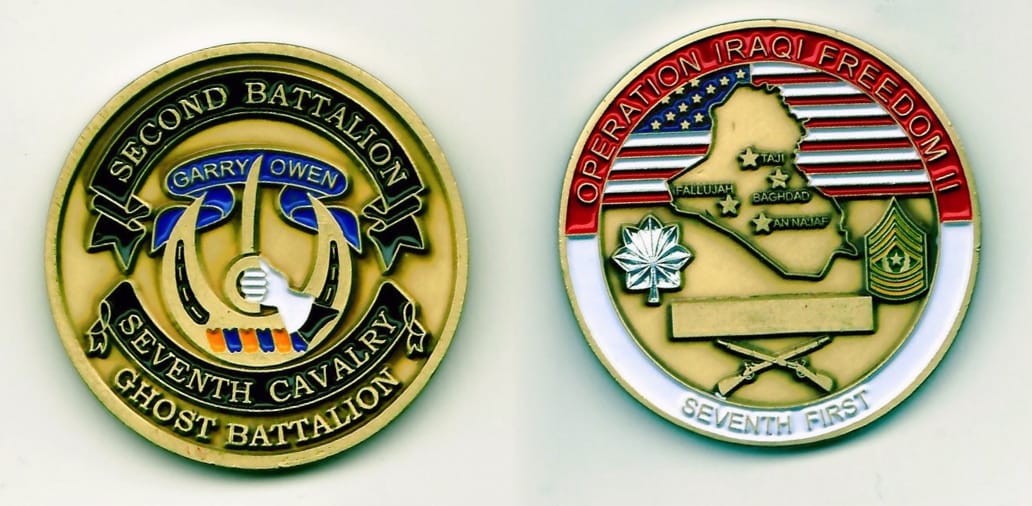 Round shaped, brass colored coin 1¾ inches in diameter.