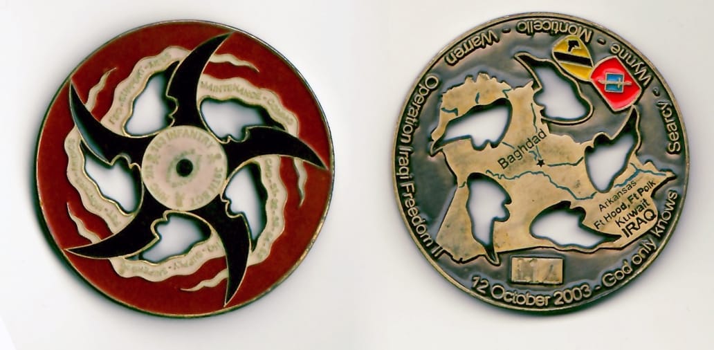 Round shaped, brass colored coin 1¾ inches in diameter with cut out areas.