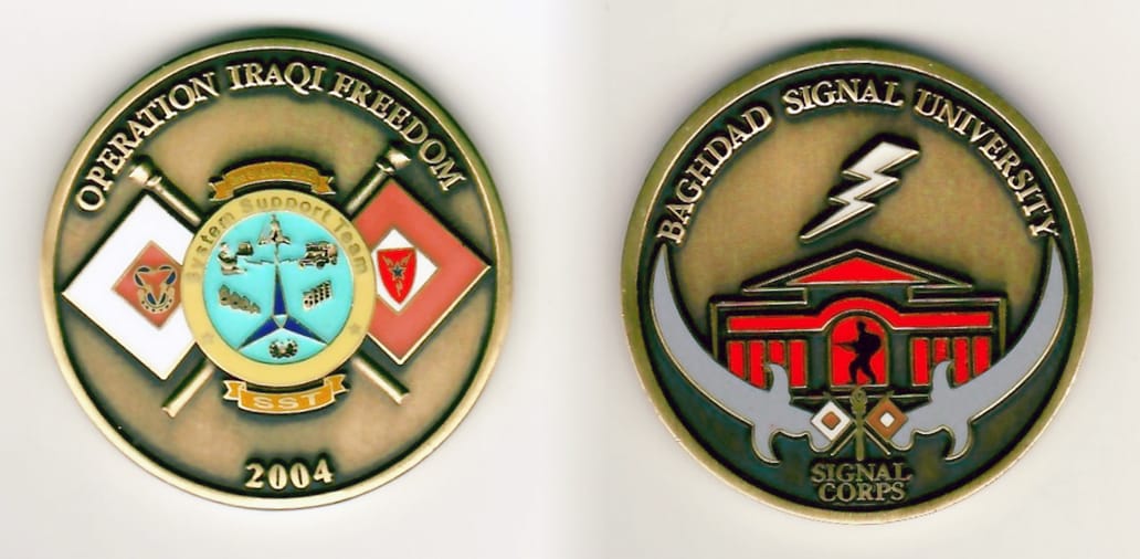 Round shaped, brass colored coin 1-1/2 inches in diameter.