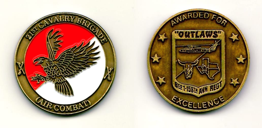 Round shaped, brass colored coin 1-1/2 inches in diameter.