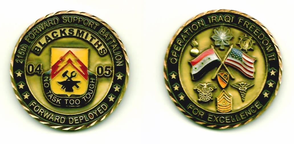 Round shaped, brass colored coin with gold colored rim, 1¾ inches in diameter.