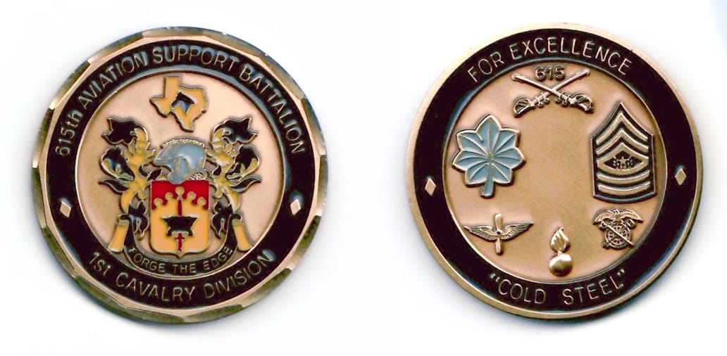 Round shaped, brass colored coin with gold colored rim, 1¾ inches in diameter.