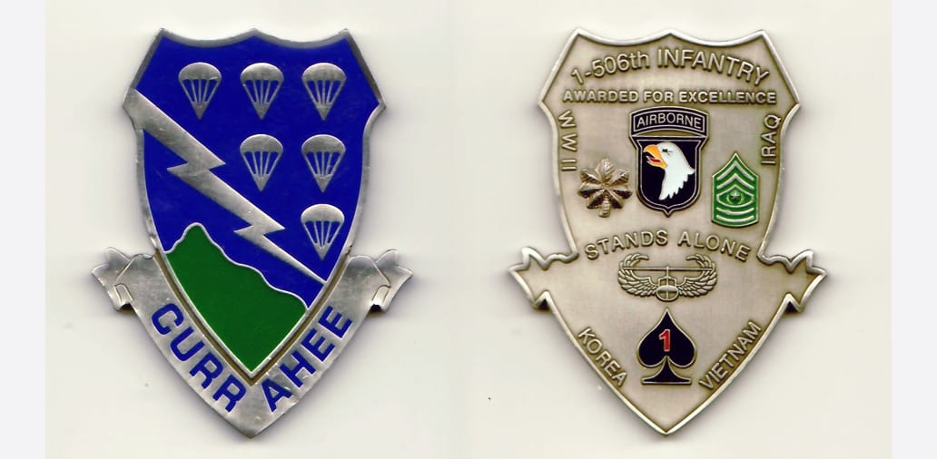 Shield shaped with banner fitted along bottom  of shield, pewter colored coin 2 inches wide x 2-1/2 inches high.