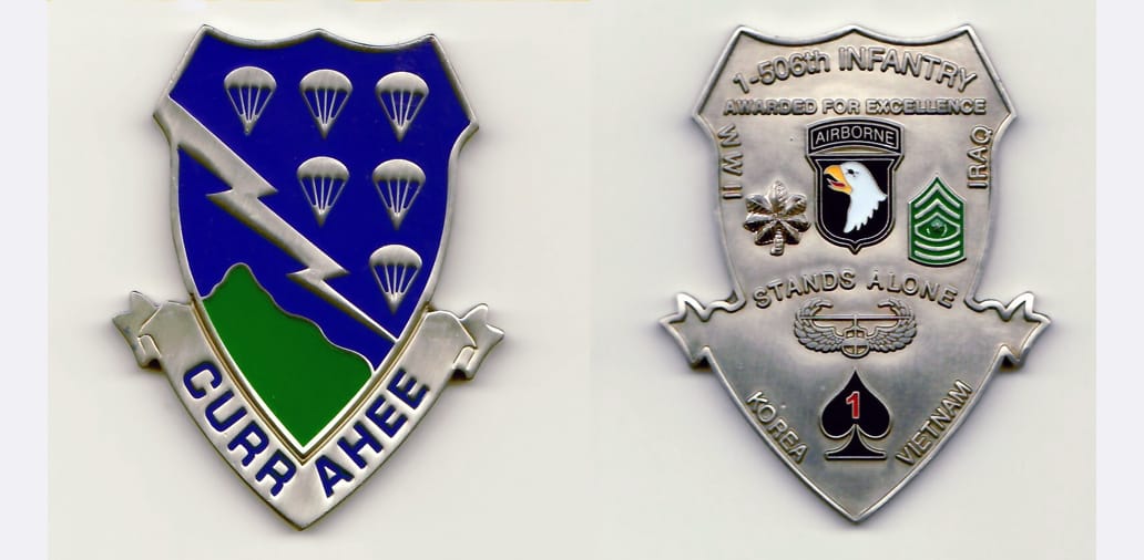 Shield shaped with banner fitted along bottom  of shield, pewter colored coin 2 inches wide x 2-1/2 inches high.