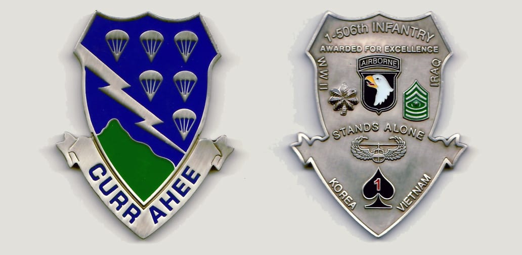 Shield shaped with banner fitted along bottom  of shield, pewter colored coin 2 inches wide x 2-1/2 inches high.