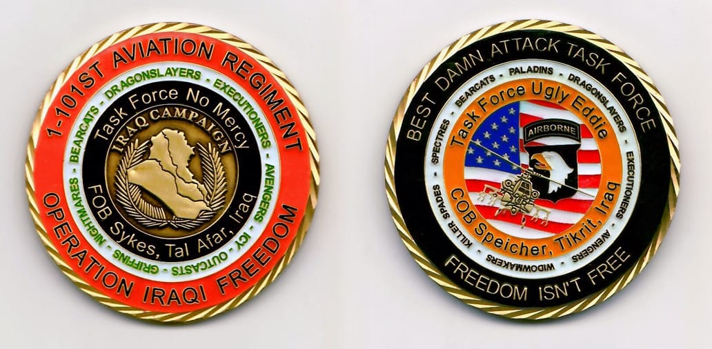 Round shaped, gold colored coin 2-1/4 inches in diameter.