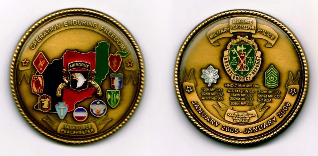 Round shaped, antique brass colored coin 1-7/8 inches in diameter.