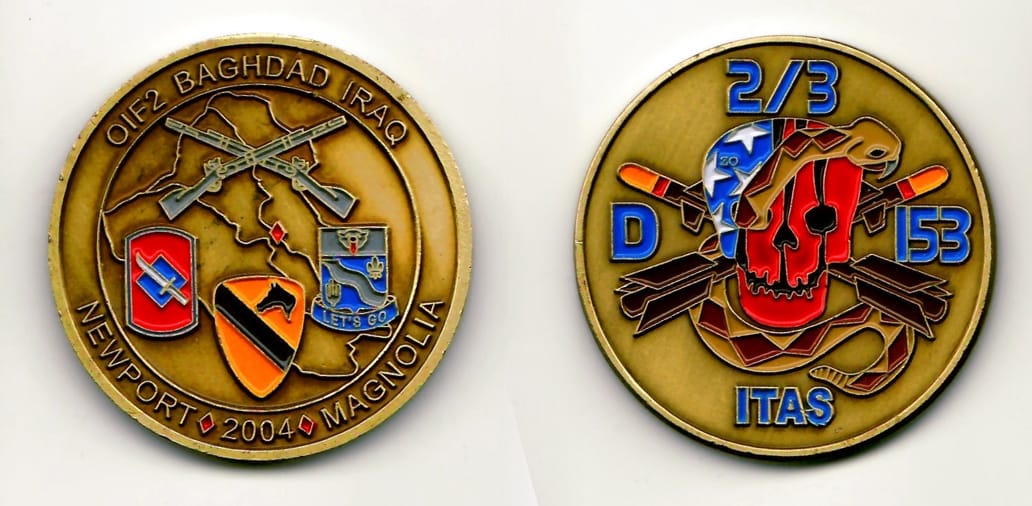 Round shaped, antique brass colored coin 1-7/8 inches in diameter.