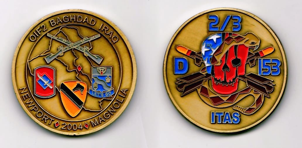 Round shaped, antique brass colored coin 1-7/8 inches in diameter.