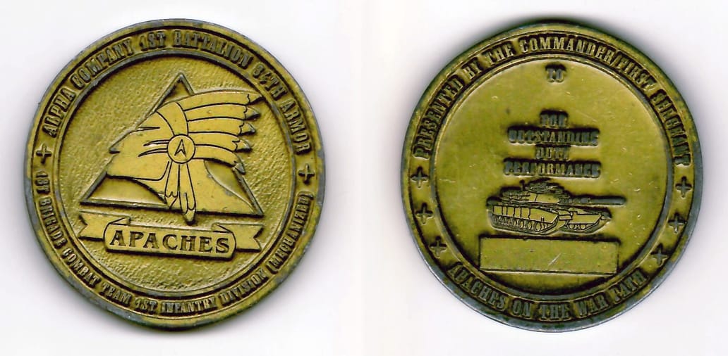 Round shaped, dark antique brass colored coin 2-7/8 inches in diameter.