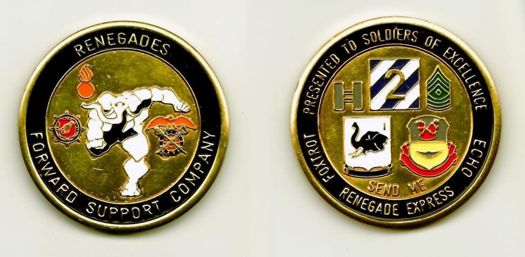 Round shaped, gold colored coin 2 inches in diameter.