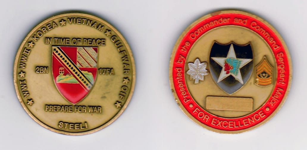 Round shaped, antique brass colored coin 2 inches in diameter.