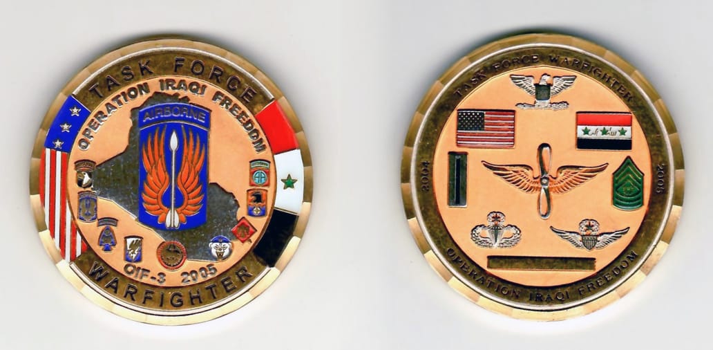 Round shaped, brass colored coin 2 inches in diameter.