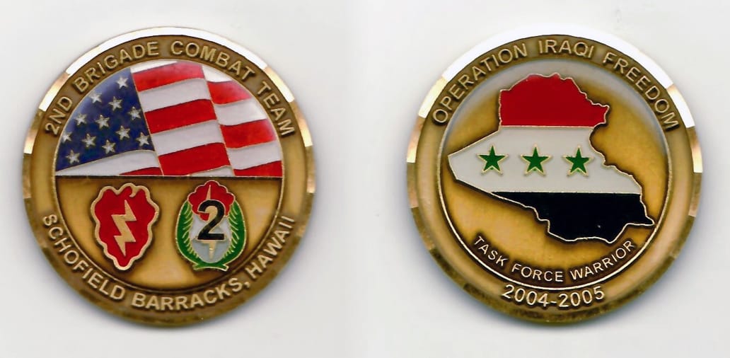 Round shaped, brass colored coin 1-3/4 inches in diameter.