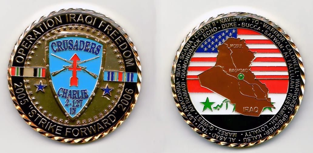 Round shaped, brass colored coin 2-7/16 inches in diameter.