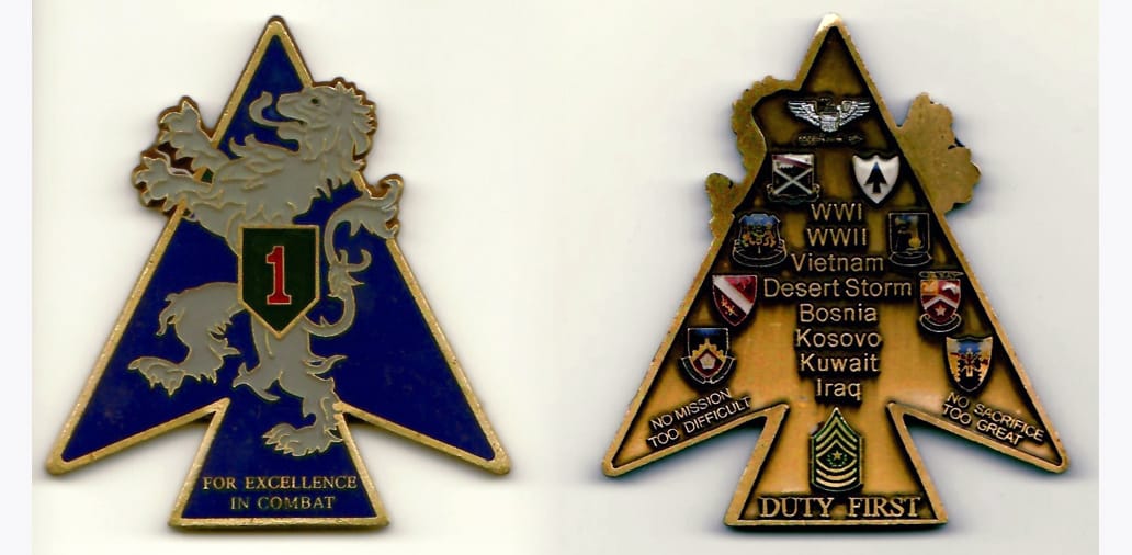 Arrow shaped, antique brass colored coin with Lion Rampant edges protruding over edges,  2-1/4 inches wide x 2-1/2 inche...