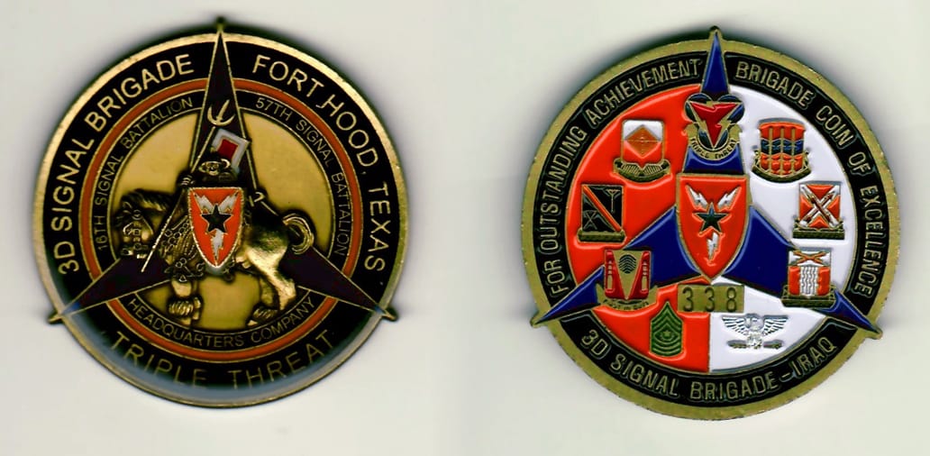 Round shaped with three evenly spaced tips protruding, antique brass colored coin 1-15/16 inches in diameter.