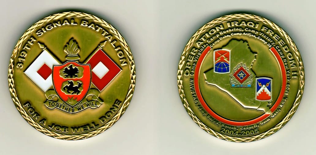 Round shaped, brass colored coin 1-15/16 inches in diameter.