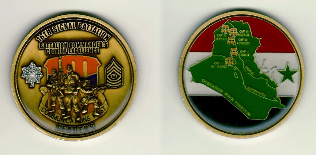 Round shaped, brass colored coin 1-15/16 inches in diameter.