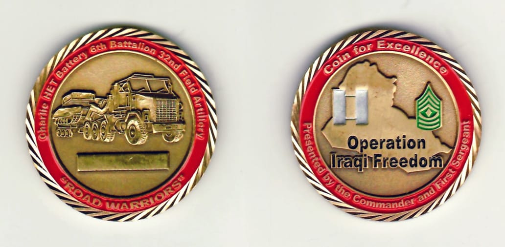 Round shaped,  brass colored coin 1-5/8 inches in diameter.