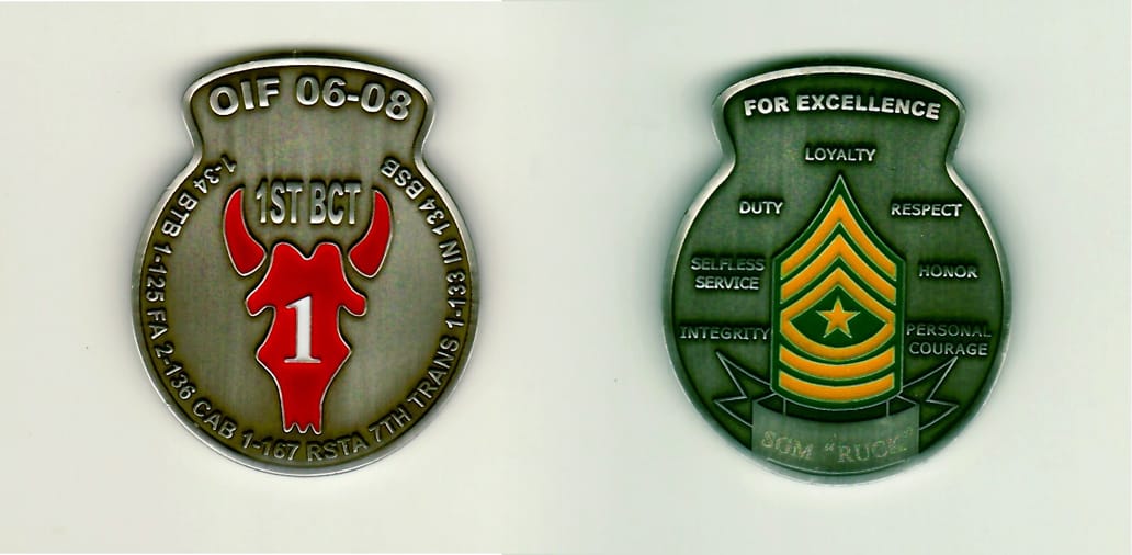 Round shaped with top curved extension piece, pewter colored coin 1-11/16 inches wide x 2 inches high.