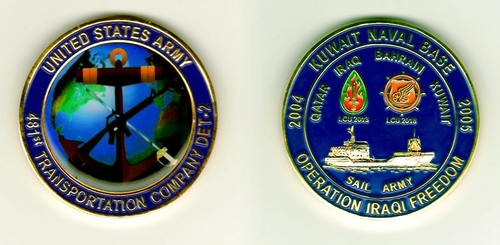 Round shaped, gold colored coin 2 inches in diameter.