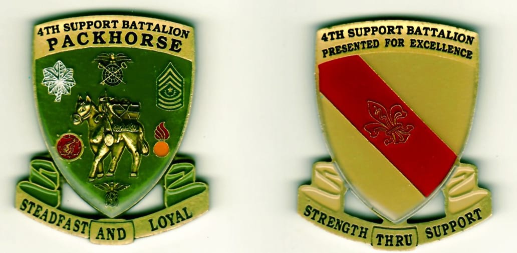 Shield shaped with pointed bottom tip and banner beneath, antique brass colored coin 1-3/4 inches wide x 2-1/16 inches h...