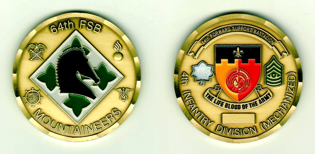 Round shaped, bright brass colored coin 2 inches in diameter.