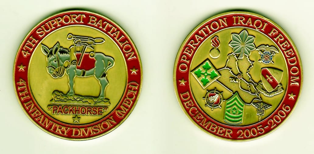 Round shaped, brass colored coin 2 inches in diameter.