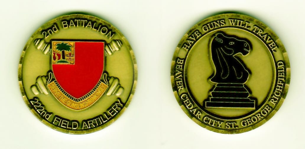 Round shaped, brass colored coin 1-1/2 inches in diameter.