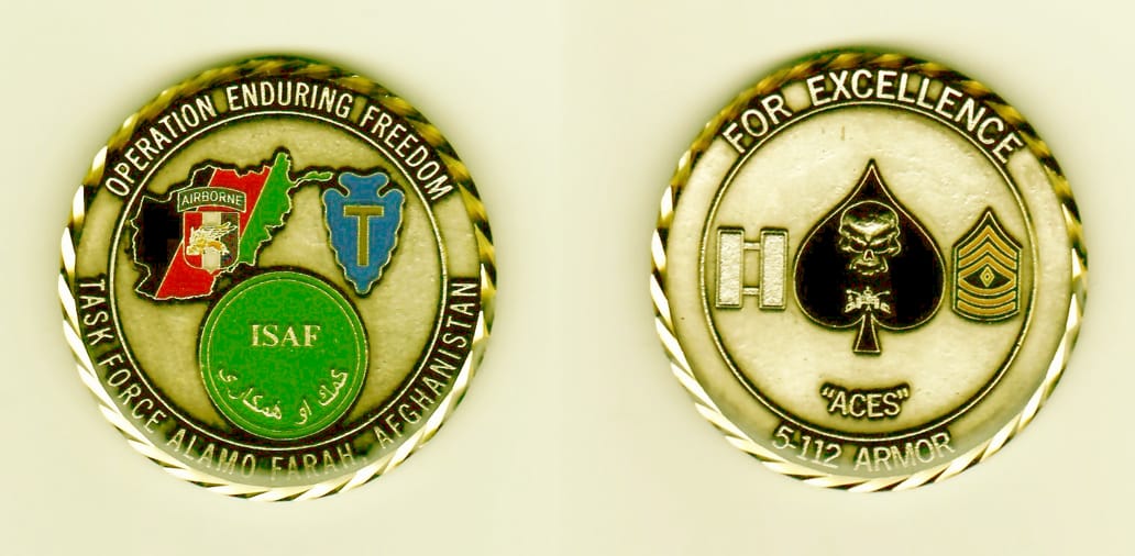 Round shaped, antique brass colored coin 2 inches in diameter.