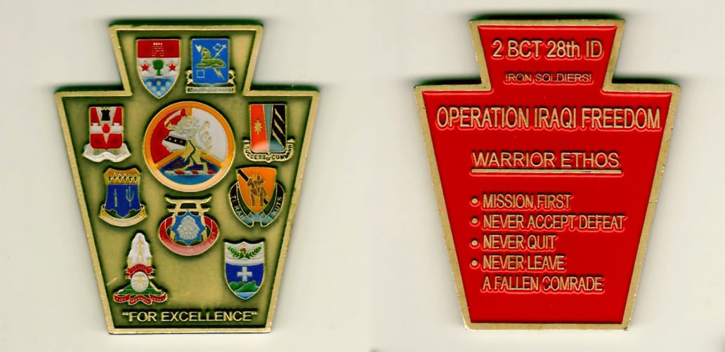 Keystone shaped with, antique brass colored coin 2 inches wide x 2-5/16 inches high.