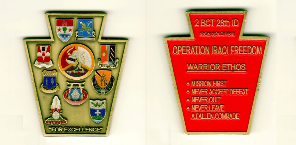 Keystone shaped with, antique brass colored coin 2 inches wide x 2-5/16 inches high.