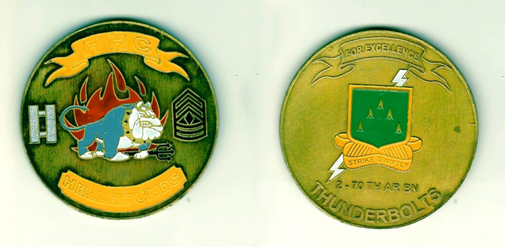 Round shaped, antique brass colored coin 2-3/8 inches in diameter.