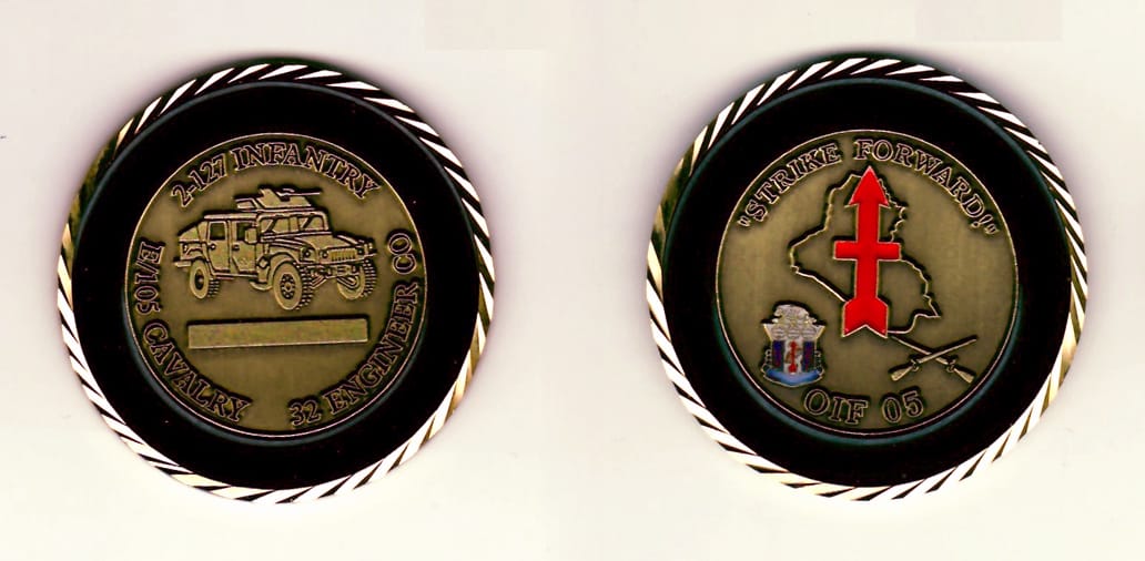 Round shaped, antique brass colored coin with gold rim, 1-15/16 inches in diameter.