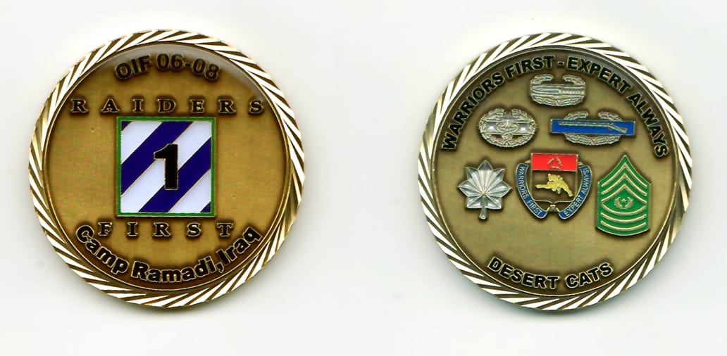 Round shaped, bronze colored coin, with gold rim, 1-3/4 inches in diameter.