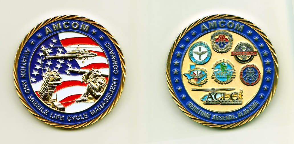 Round shaped, gold colored coin with gold colored rim, 1-15/16 inches in diameter.