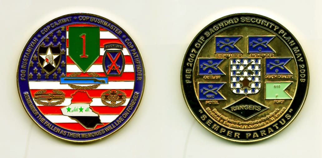 Round shaped, gold colored coin, 1-15/16 inches in diameter.