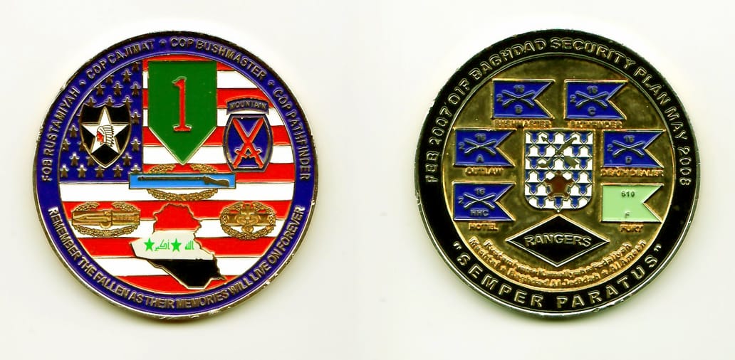 Round shaped, gold colored coin, 1-15/16 inches in diameter.