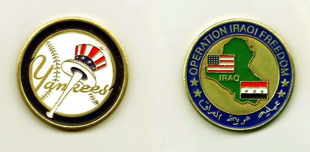 Round shaped, gold colored coin, 1-5/8 inches in diameter.